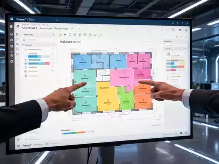 Eine Hand interagiert mit einem digitalen Display, das ein Power BI-Dashboard mit integriertem Visio-Grundriss zur Datenhervorhebung zeigt. - Foto: über boerse-global.de