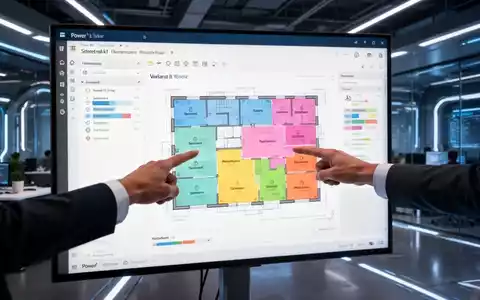 Eine Hand interagiert mit einem digitalen Display, das ein Power BI-Dashboard mit integriertem Visio-Grundriss zur Datenhervorhebung zeigt. - Foto: über boerse-global.de