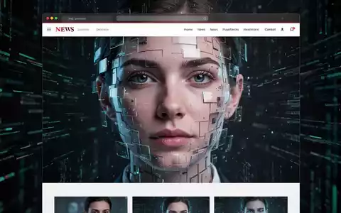 Eine manipulierte digitale Nachrichten-Website, überlagert von einem fragmentierten Gesicht, das KI-Betrug und Deepfakes symbolisiert. - Foto: über boerse-global.de