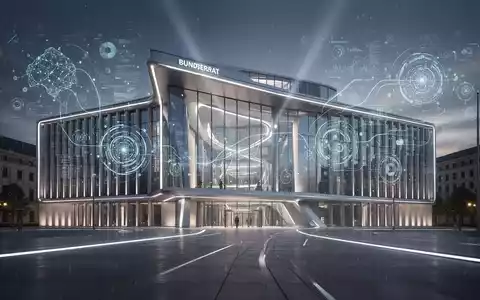Deutsches Bundesratsgebäude mit digitalen Überlagerungen, die KI und Datenschutz symbolisieren, unter dramatischer Beleuchtung. - Foto: über boerse-global.de