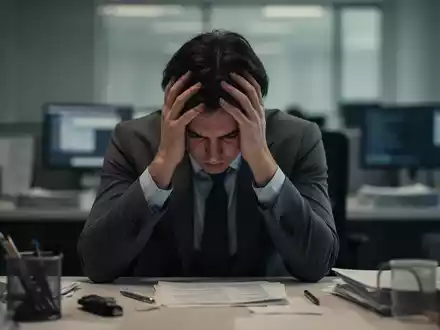 Eine Person sitzt am Schreibtisch, den Kopf in den Händen, umgeben von verschwommenen Büroeinrichtungen. Die Atmosphäre ist gedämpft und nachdenklich, vermittelt geistige Erschöpfung und Druck. - Foto: über boerse-global.de