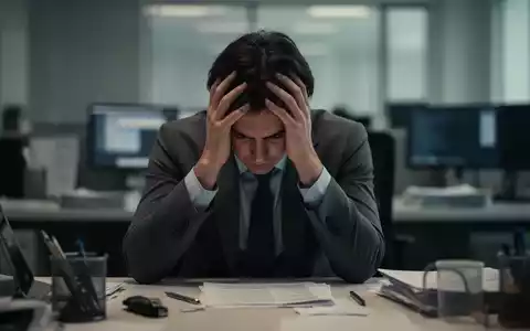 Eine Person sitzt am Schreibtisch, den Kopf in den Händen, umgeben von verschwommenen Büroeinrichtungen. Die Atmosphäre ist gedämpft und nachdenklich, vermittelt geistige Erschöpfung und Druck. - Foto: über boerse-global.de