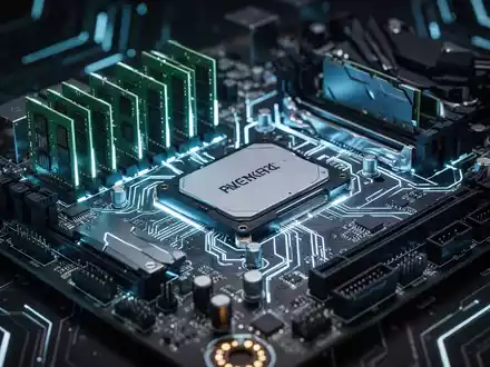 Nahaufnahme einer futuristischen Computer-Hauptplatine mit leuchtenden RAM- und SSD-Komponenten vor dunklem Hintergrund. - Foto: über boerse-global.de
