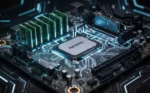 Nahaufnahme einer futuristischen Computer-Hauptplatine mit leuchtenden RAM- und SSD-Komponenten vor dunklem Hintergrund. - Foto: über boerse-global.de