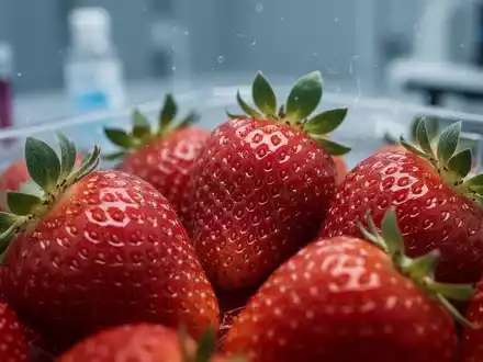 Nahaufnahme von frischen, roten Erdbeeren, die auf einem unscharfen Hintergrund liegen, der an eine Laborumgebung erinnert. - Foto: über boerse-global.de
