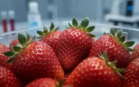 Nahaufnahme von frischen, roten Erdbeeren, die auf einem unscharfen Hintergrund liegen, der an eine Laborumgebung erinnert. - Foto: über boerse-global.de