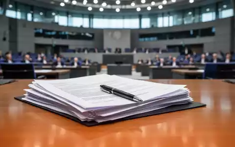 Nahaufnahme von Gesetzbüchern und einem Stift auf einem Tisch, mit unscharfem Hintergrund des Bundestagsplenarsaals. - Foto: über boerse-global.de