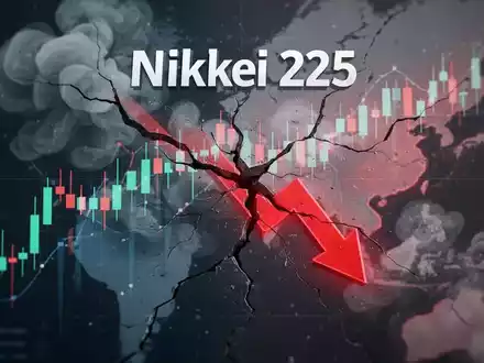 Abstrakte Darstellung des Nikkei 225-Index mit einem Abwärtstrend, überlagert mit angedeuteten geopolitischen Spannungen. - Foto: über boerse-global.de