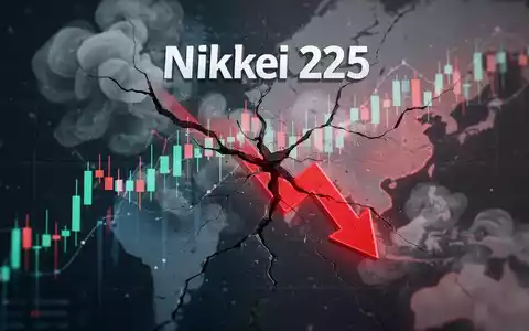 Abstrakte Darstellung des Nikkei 225-Index mit einem Abwärtstrend, überlagert mit angedeuteten geopolitischen Spannungen. - Foto: über boerse-global.de