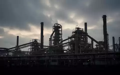 Eine Silhouette einer großen Fabrik oder Montagelinie vor einem dramatischen, bedeckten Himmel, die die Unsicherheit in der Industrie symbolisiert. - Foto: über boerse-global.de