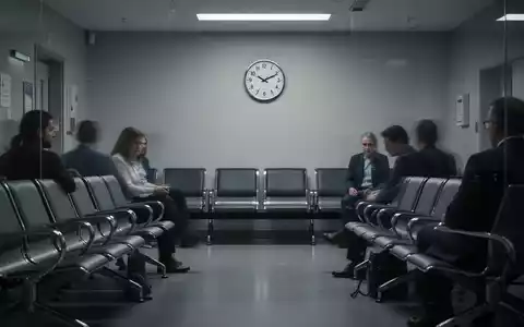 Ein modernes Wartezimmer mit leeren Stühlen, verschwommenen wartenden Personen und einer Uhr, die auf lange Wartezeiten hindeutet. - Foto: über boerse-global.de