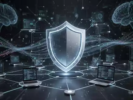 Ein stilisiertes, leuchtendes Schildsymbol über einem digitalen Netzwerk von vernetzten Geräten, das Cybersicherheit darstellt. - Foto: über boerse-global.de