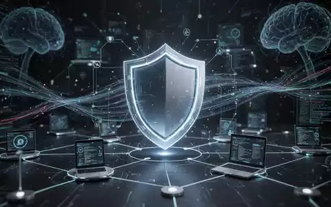 Ein stilisiertes, leuchtendes Schildsymbol über einem digitalen Netzwerk von vernetzten Geräten, das Cybersicherheit darstellt. - Foto: über boerse-global.de