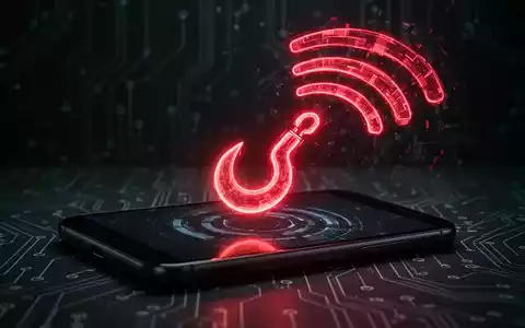 Ein rot leuchtender, digitaler Haken ragt aus einem Smartphone-Bildschirm in ein drahtloses Netzwerk, das eine Cyberbedrohung symbolisiert. - Foto: über boerse-global.de
