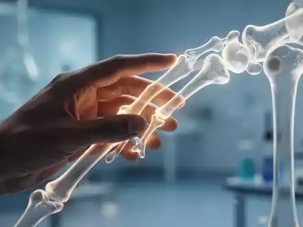 Eine Nahaufnahme einer menschlichen Hand, die eine stilisierte, leuchtende Knochenstruktur berührt, mit einem verschwommenen medizinischen Hintergrund. - Foto: über boerse-global.de