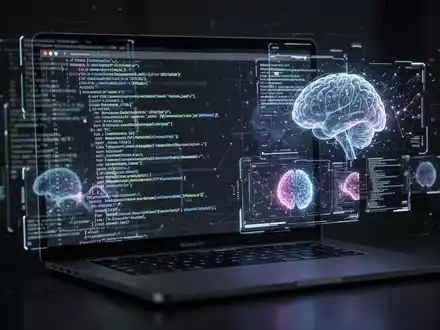 Leuchtendes UI mit Code und KI-Visuals auf einem MacBook Pro, das OpenAIs integrierte Desktop-KI-Tools und Appshots darstellt. - Foto: über boerse-global.de