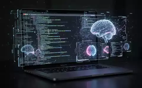 Leuchtendes UI mit Code und KI-Visuals auf einem MacBook Pro, das OpenAIs integrierte Desktop-KI-Tools und Appshots darstellt. - Foto: über boerse-global.de