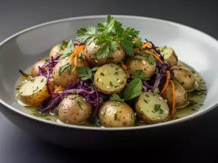 Ein appetitlich angerichteter Kartoffelsalat mit frischen Kräutern und fermentierten Zutaten in einer modernen Schale. - Foto: über boerse-global.de