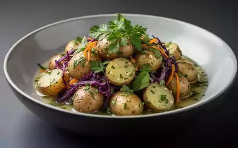 Ein appetitlich angerichteter Kartoffelsalat mit frischen Kräutern und fermentierten Zutaten in einer modernen Schale. - Foto: über boerse-global.de