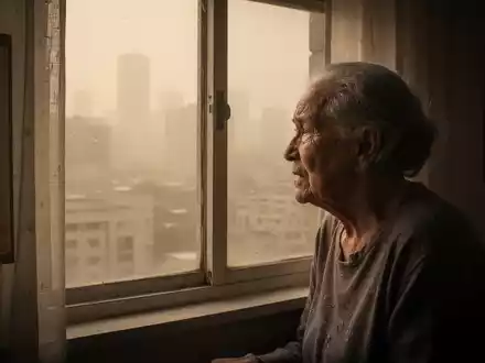 Eine ältere Person blickt aus einem Fenster auf eine hitzeverzerrte Stadtlandschaft, die Besorgnis über die extreme Hitze ausdrückt. - Foto: über boerse-global.de