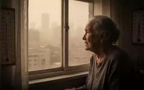 Eine ältere Person blickt aus einem Fenster auf eine hitzeverzerrte Stadtlandschaft, die Besorgnis über die extreme Hitze ausdrückt. - Foto: über boerse-global.de