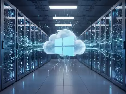 Stilisiertes Windows-Logo, verbunden mit futuristischen Server-Racks durch digitale Ströme, symbolisiert cloudbasierte Systemwiederherstellung. - Foto: über boerse-global.de