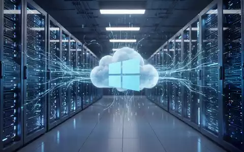 Stilisiertes Windows-Logo, verbunden mit futuristischen Server-Racks durch digitale Ströme, symbolisiert cloudbasierte Systemwiederherstellung. - Foto: über boerse-global.de