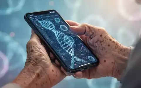 Eine Nahaufnahme einer alternden Hand, die ein Smartphone mit biologischen Daten hält, vor einem unscharfen, jugendlichen Hintergrund. - Foto: über boerse-global.de