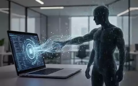 Digitaler Datenfluss von einem Laptop in eine schemenhafte menschliche Figur, die Schatten-KI und Datensicherheitsrisiken symbolisiert. - Foto: über boerse-global.de