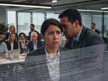 Eine Frau in einem Büro, die sich unwohl fühlt, während ein Kollege ihr zu nahe kommt, mit einem verschwommenen juristischen Text im Hintergrund. - Foto: über boerse-global.de