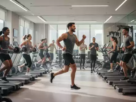 Menschen trainieren in einem modernen Fitnessstudio mit verschiedenen Geräten und Kursräumen, beleuchtet von sanftem Licht. - Foto: über boerse-global.de