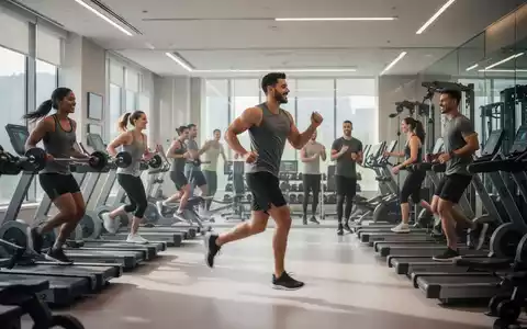 Menschen trainieren in einem modernen Fitnessstudio mit verschiedenen Geräten und Kursräumen, beleuchtet von sanftem Licht. - Foto: über boerse-global.de