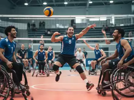 Eine Gruppe von Menschen spielt Sitzvolleyball, einige in Rollstühlen, in einer modernen Sporthalle. Fokus auf Inklusion und Bewegung. - Foto: über boerse-global.de