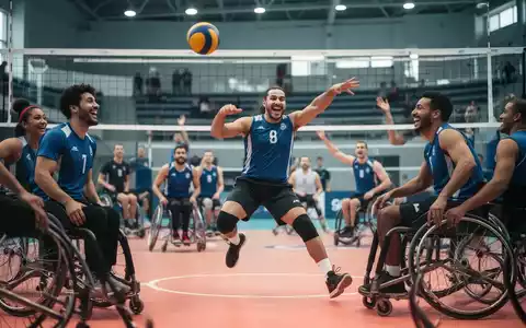 Eine Gruppe von Menschen spielt Sitzvolleyball, einige in Rollstühlen, in einer modernen Sporthalle. Fokus auf Inklusion und Bewegung. - Foto: über boerse-global.de