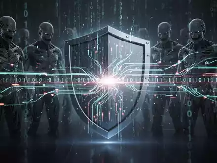 Ein abstraktes digitales Schutzschild wehrt Cyberangriffe und bösartige KI-Elemente ab, symbolisierend Online-Sicherheit. - Foto: über boerse-global.de