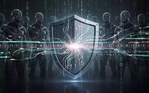 Ein abstraktes digitales Schutzschild wehrt Cyberangriffe und bösartige KI-Elemente ab, symbolisierend Online-Sicherheit. - Foto: über boerse-global.de