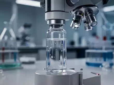 Nahaufnahme eines medizinischen Geräts oder einer Glasphiole mit klarer Flüssigkeit in einer Laborumgebung, die pharmazeutische Forschung darstellt. - Foto: über boerse-global.de