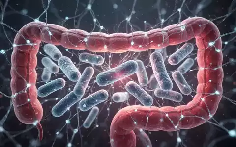 Eine mikroskopische Ansicht von Darmbakterien und der Darmschleimhaut, überlagert von einem leuchtenden neuronalen Netzwerk. - Foto: über boerse-global.de