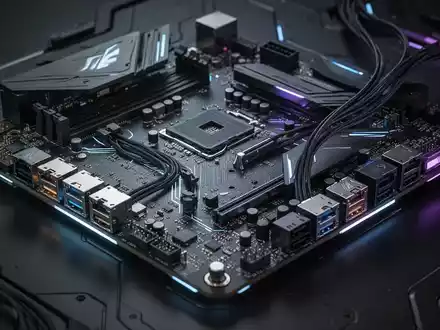 Nahaufnahme eines modernen Computer-Motherboards mit rückseitigen Anschlüssen, das die komplexen Schaltkreise und das fortschrittliche Design zeigt. - Foto: über boerse-global.de