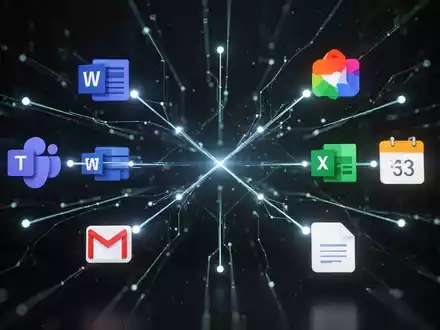 Digitale Illustration zeigt Datenfluss zwischen Microsoft 365- und Google Workspace-Symbolen, symbolisiert Synchronisation und Integration. - Foto: über boerse-global.de