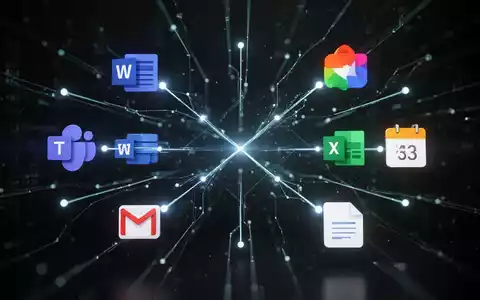 Digitale Illustration zeigt Datenfluss zwischen Microsoft 365- und Google Workspace-Symbolen, symbolisiert Synchronisation und Integration. - Foto: über boerse-global.de