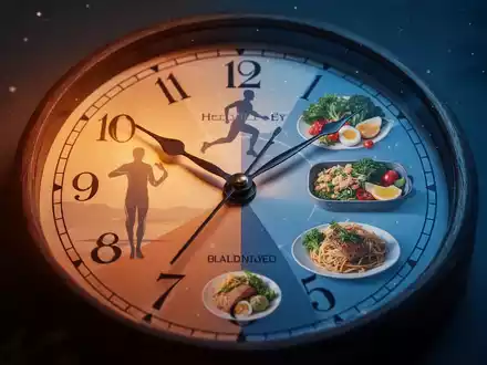Eine stilisierte Uhr mit Händen, die auf Abendstunden zeigen, umgeben von Elementen, die Gesundheit und Ernährung symbolisieren. - Foto: über boerse-global.de