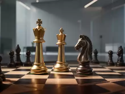 Ein Schachbrett mit eleganten Figuren in einem modernen, minimalistischen Raum, beleuchtet von weichem, strategischem Licht. - Foto: über boerse-global.de