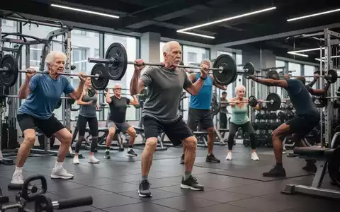 Verschiedene Personen, darunter Senioren, trainieren in einem modernen Fitnessstudio mit Gewichten und Körpergewicht. Fokus auf korrekte Ausführung. - Foto: über boerse-global.de