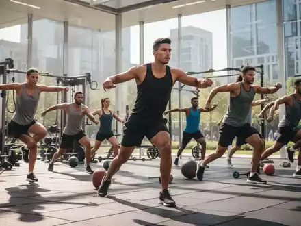 Eine Gruppe von Personen unterschiedlichen Alters und Fitnesslevels, die kurze, dynamische Übungen in einem hellen Fitnessstudio ausführen. - Foto: über boerse-global.de
