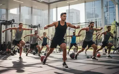 Eine Gruppe von Personen unterschiedlichen Alters und Fitnesslevels, die kurze, dynamische Übungen in einem hellen Fitnessstudio ausführen. - Foto: über boerse-global.de