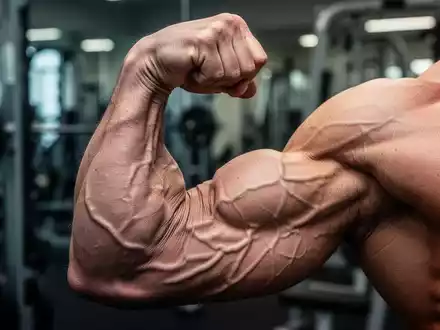 Nahaufnahme eines angespannten Bizeps, der Stärke und Muskulatur symbolisiert, mit verschwommenem Fitnessstudio im Hintergrund. - Foto: über boerse-global.de