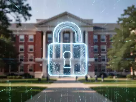 Verschwommenes Universitätsgebäude mit leuchtendem digitalem Vorhängeschloss-Symbol für Cybersicherheit. - Foto: über boerse-global.de