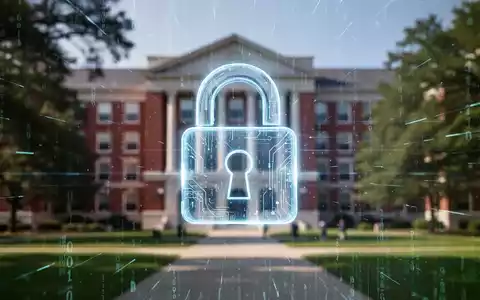 Verschwommenes Universitätsgebäude mit leuchtendem digitalem Vorhängeschloss-Symbol für Cybersicherheit. - Foto: über boerse-global.de