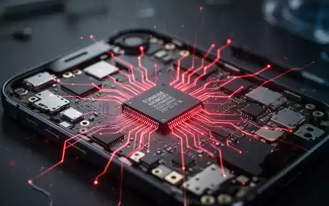 Nahaufnahme einer zerlegten Smartphone-Platine mit einem Mikrochip, aus dem rote Linien austreten, die eine Hardware-Sicherheitslücke symbolisieren. - Foto: über boerse-global.de